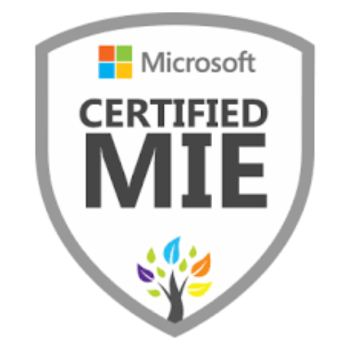 Escudo cinza com logótipo da Microsoft no topo, texto "CERTIFIED MIE" ao centro, e uma árvore colorida na parte inferior