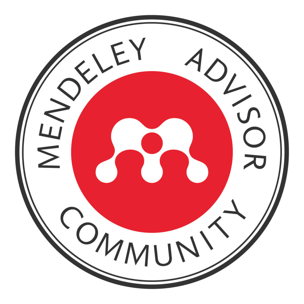 Logotipo circular do Mendeley Advisor Community com um círculo vermelho e um design branco abstrato no centro