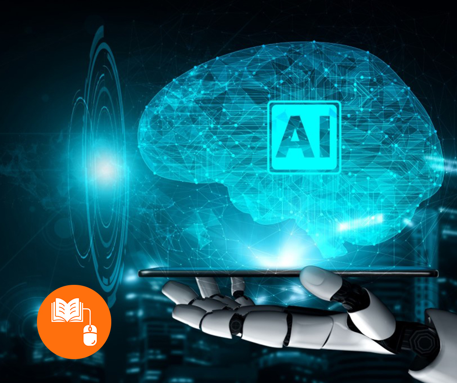 Mão robótica a segurar um tablet com um cérebro digital acima, representando redes neurais e inteligência artificial.