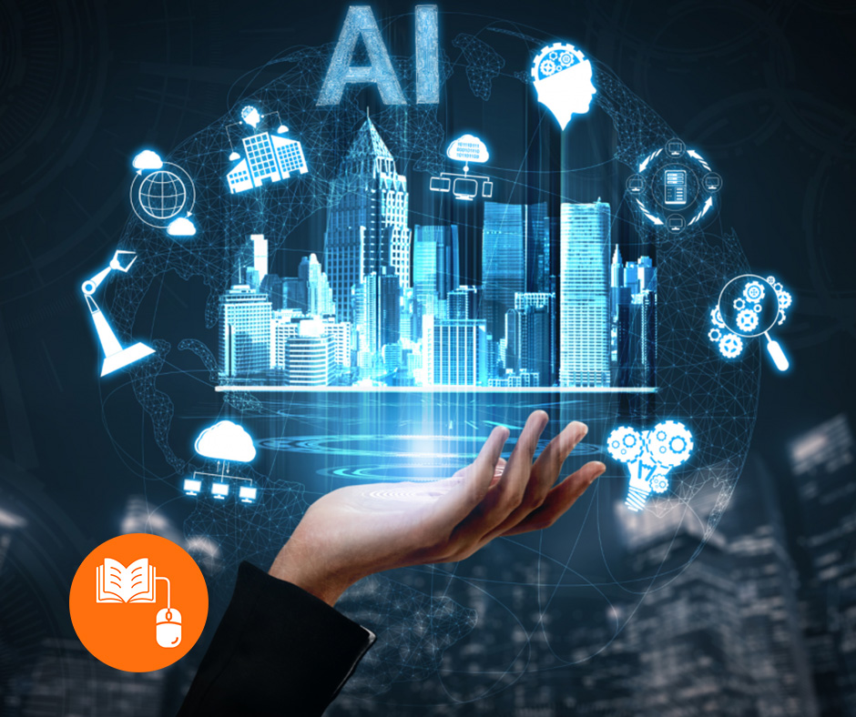 Mão a segurar uma projeção holográfica de cidade rodeada por ícones tecnológicos e a palavra “AI” no topo.