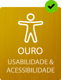 Distintivo dourado com figura humana estilizada e círculo verde com visto preto, acompanhado do texto “Ouro – Usabilidade & Acessibilidade”.